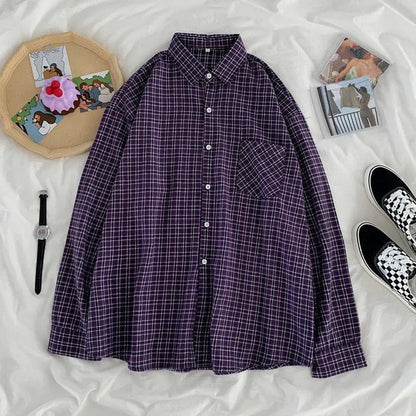 Women Shirt Plaid Oversize Turn-down Collar Leisure Fashion Loose All-match Womens Long Sleeves Soft Chic Korean Style Tops polo