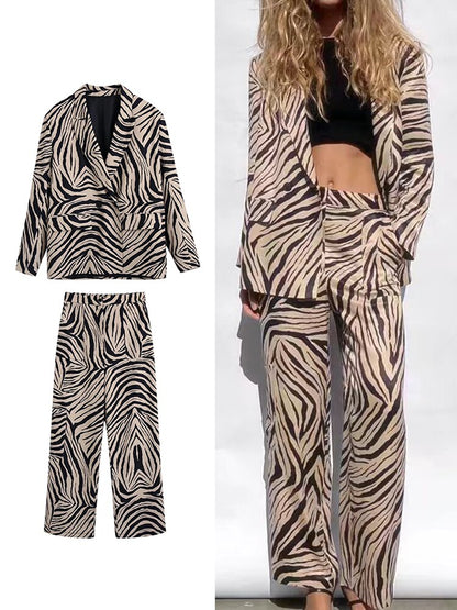 Za New 2Pcs Spring Women Blazer Suits Office Outfits Zebra Stripes Jacket+Pant Long Sleeve Fashion Outwear