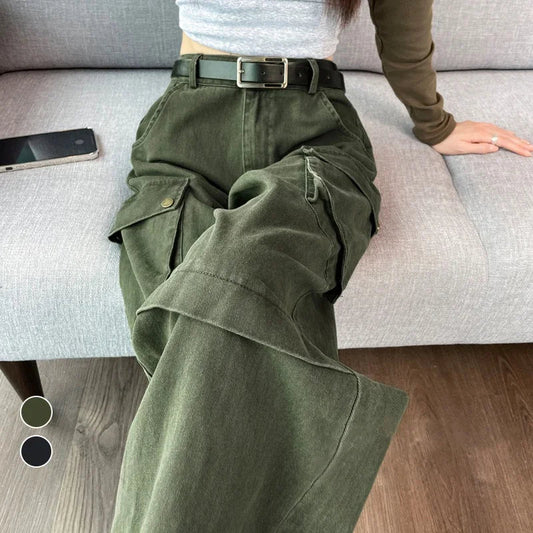 lovwvol Y2K Cargo Jeans Denim Pants Women Green Wide Leg Cargo Trousers Female Korean Streerwear Hip Hop Pockets Casual Retro