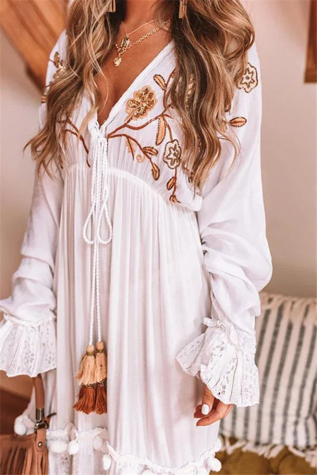 lovwvol Vintage Deep V Floral Embroidery Dress for Women Casual Loose Ruffles Summer Dresses 2022 Beach Wear Long Vestidos Robe