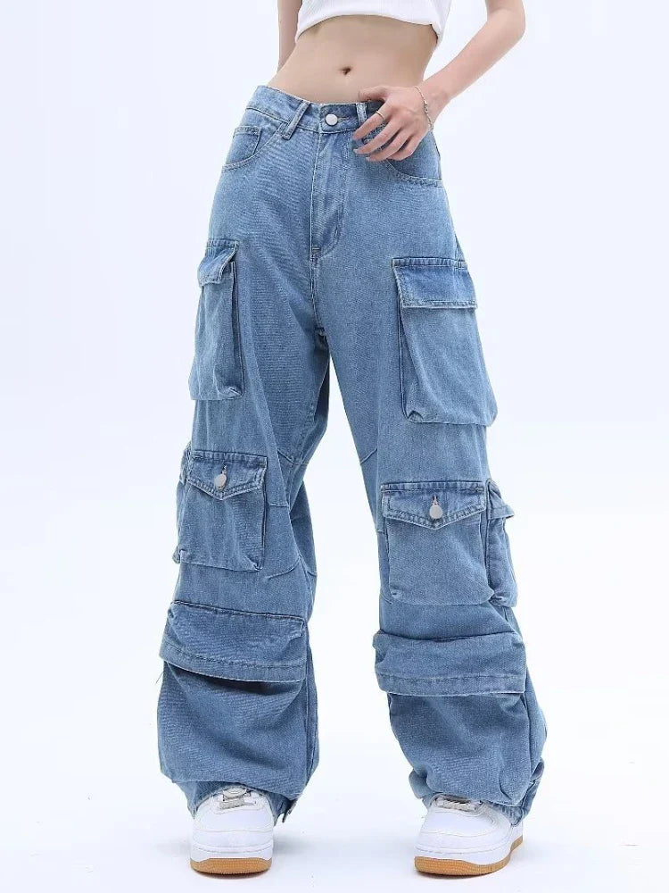 lovwvol Y2k Vintage Cargo Pants Women Multi-pocket Blue High Waist Jeans Streetwear Fashion Harajuku Casual Denim Wide Leg Pants