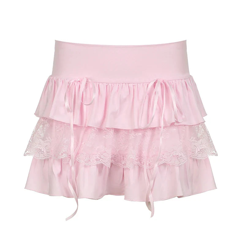 lovwvol Hotsweet Pink Summer Cake Mini Skirt Tierred Lace Trim Folds Korean Fashion Girls Skirts Y2K Coquette Clothes Kawaii