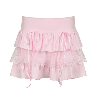 lovwvol Hotsweet Pink Summer Cake Mini Skirt Tierred Lace Trim Folds Korean Fashion Girls Skirts Y2K Coquette Clothes Kawaii