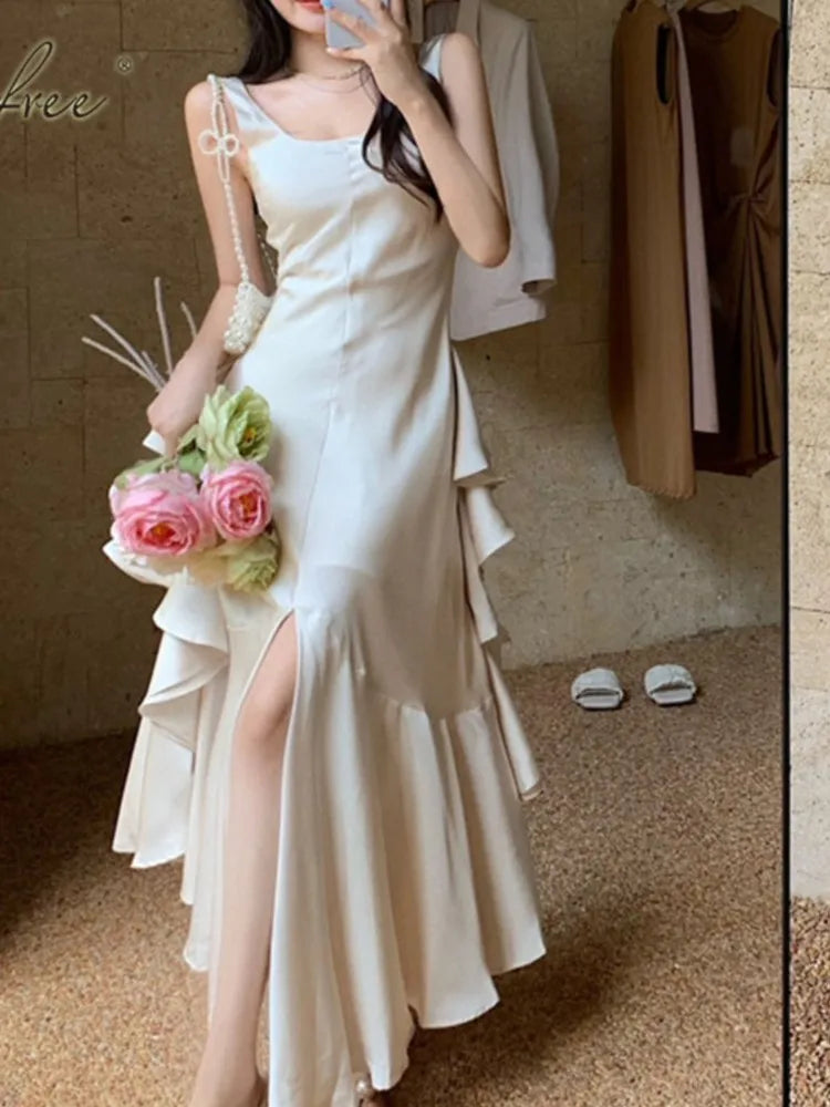 lovwvol Summer Women Long Satin Dress Sleeveless Sexy Backless Silk Slit Ruffle Maxi Beach robe Party dresses evening dresses