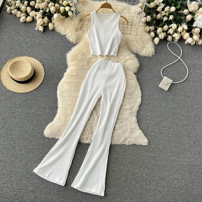 lovwvol Women Casual Pants Set Fashion Bodycon Slim Short Tank Top +Striped Wide Legs Long Pants Solid Summer Two Piece Suit