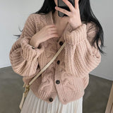 lovwvol Twisted Knitted Cardigan Women Lazy Style Loose Single Breasted Sweater Coat Ladies Winter Simple Casual V Neck Cardigans