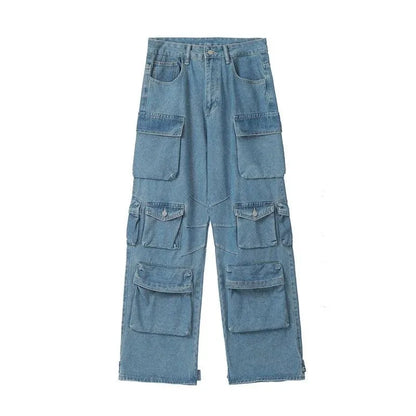 lovwvol Multi-Pocket Blue Washed Jeans Cargo Pants Y2k Retro Streetwear Fashion High Waist Jeans Couple Harajuku Casual Wide Leg Pants