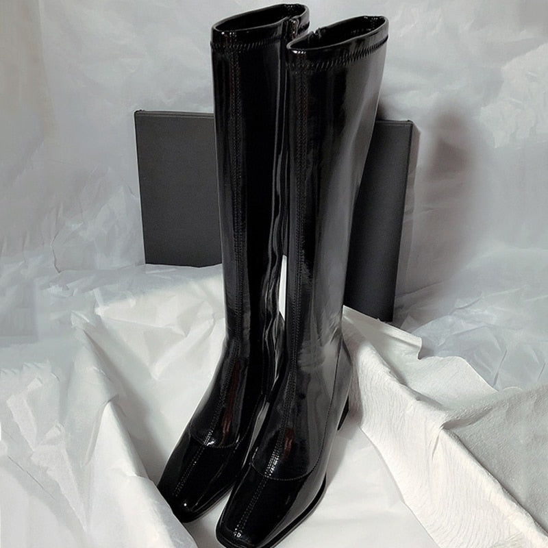 Patent Leather High Heels Long Boots Women Autumn Square Toe Knee-high Botas Woman Side Zipper Thick Heeled Shoes Female