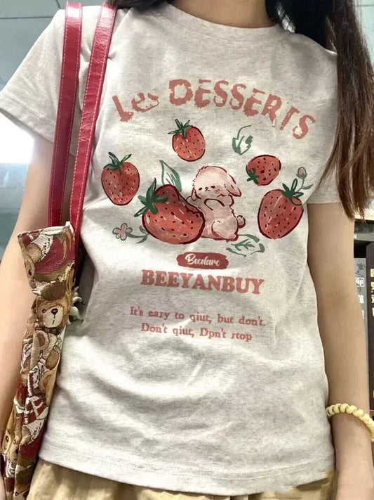 Y2k Aesthetic Summer New Cartoon Strawberry T-shirts Harajuku Short Sleeve Loose OCasual Tops Women O Neck All Match Casual Tees