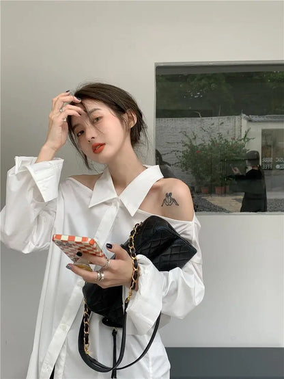 lovwvol Women Blouses White Off Shoulder Oversized Korean Fashion Sexy Chic Aesthetic Shirts Elegant Female Tops Streetwear