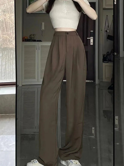 Coffee Colored Wide Leg Pants For Women's Spring And Autumn High Waisted Draped Straight Suit Pants Versatile