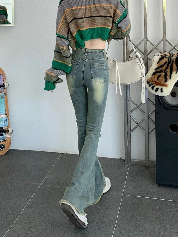 lovwvol  -  Flare Jeans Women Skinny High Waist Aesthetic Y2k Clothes Denim Trousers Vintage Washed Retro Mopping Korean Fashion Street New