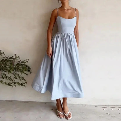 Sexy Solid Spaghetti Strap A-line Maxi Dresses Women Low Cut Sleeveless Big Skirt Dress Summer New Fashion Elegant Party