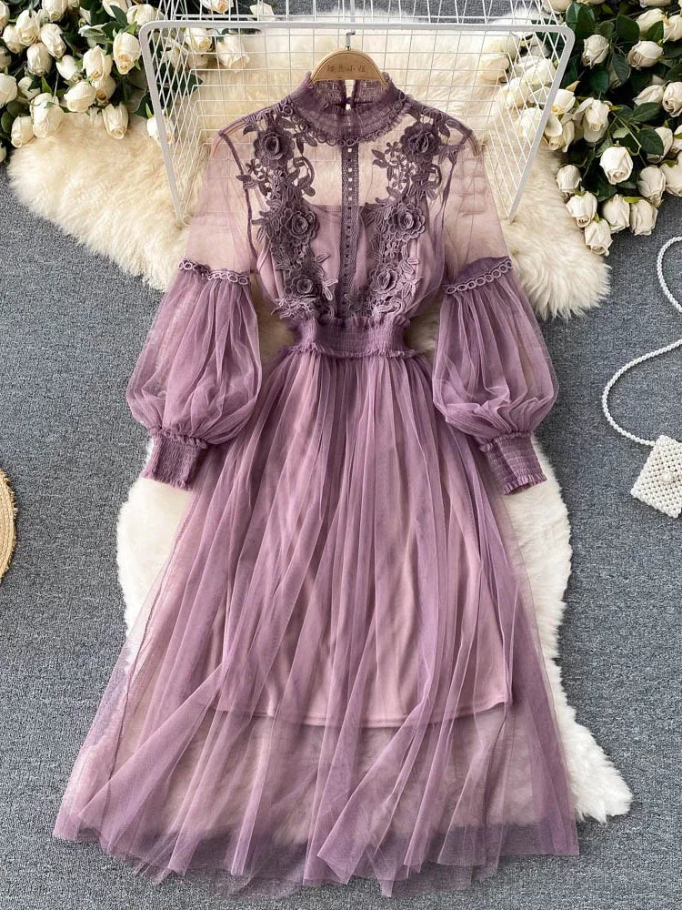 Ladies Dress Three-dimensional Flower Hook Mesh Temperament Stand Collar Lantern Sleeve High Waist Slim Female Dresses