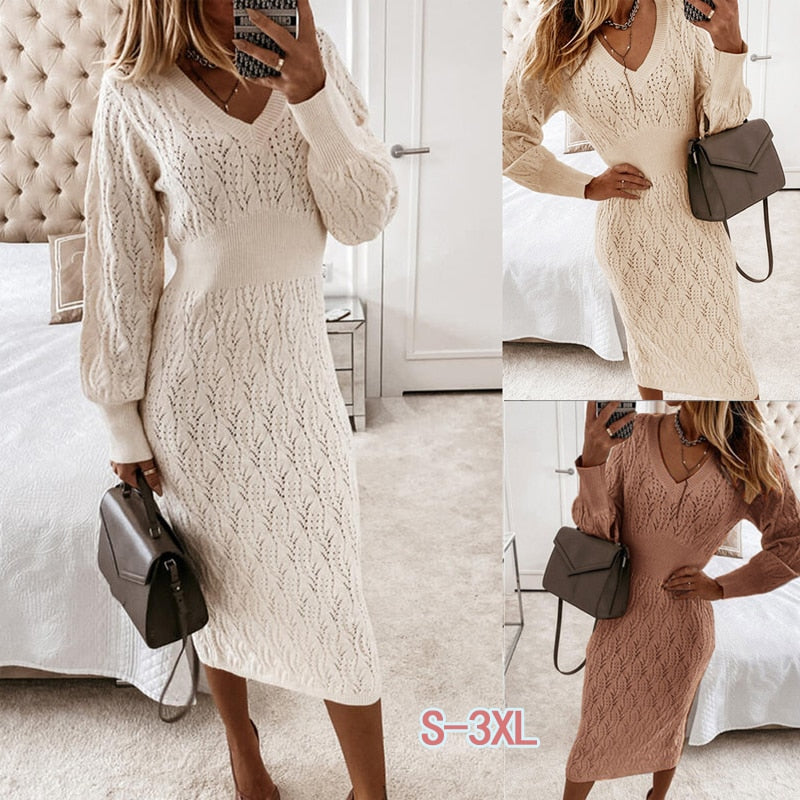 Autumn Fashion Elegant Knitted Sweater Dress Women's Long Sleeve Warm Mini Tight Dress Casual White Ladies Dress New