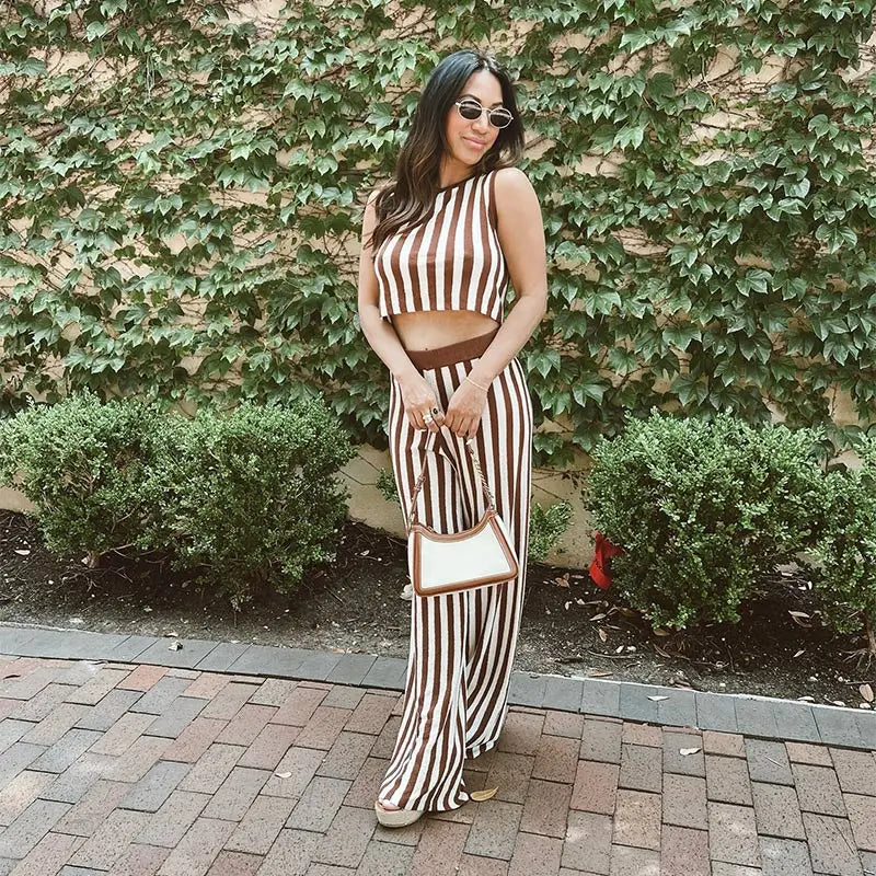 lovwvol Fashion Stripe Printed Slim Top Pants Suit Women Elegant O Neck Sleeveless Tops High Waist Pants Set 2024 New Lady Street Outfit