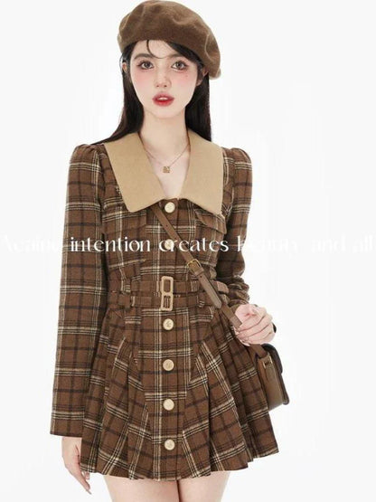 lovwvol   Vintage Plaid Dress Women Elegant Long Sleeve Dresses Preppy Style Autumn Winter Turn-down Collar Puff Sleeve Streetwear