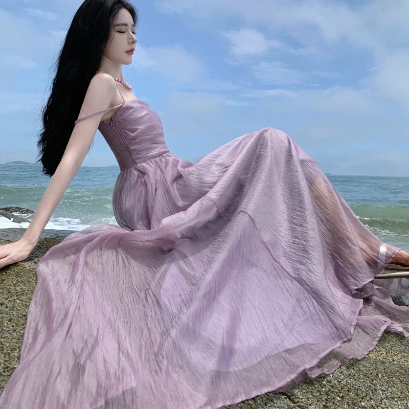 lovwvol Vintage Spaghetti Strap Purple Long Dresses for Women  Summer Sexy Tulle Pleats Fairy Evening Party Backless Female Clothing