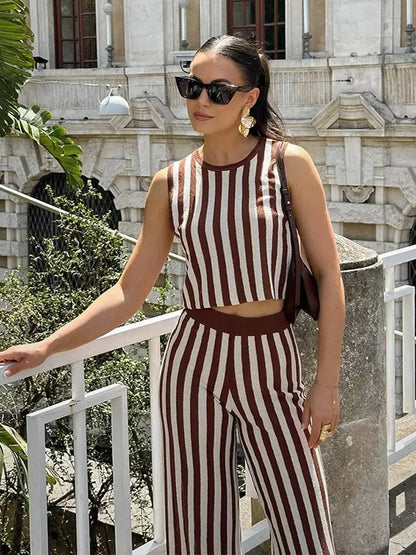 lovwvol Fashion Stripe Printed Slim Top Pants Suit Women Elegant O Neck Sleeveless Tops High Waist Pants Set 2024 New Lady Street Outfit