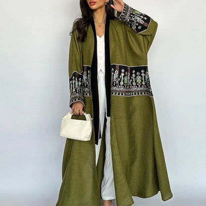 lovwvol Vintage Embroidered Printed Patchwork Women Jacket Elegant V-neck Long Sleeved Loose Cardigan 2024 Fall Office Robe Muslim Coat