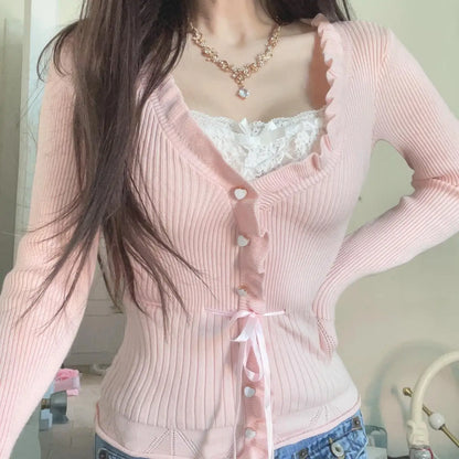 lovwvol Sweet Coquette Pink Knitted Sweater Jumper Lace Patched Buttons Korean Knitted Pullover Autumn Cutecore Shirring New