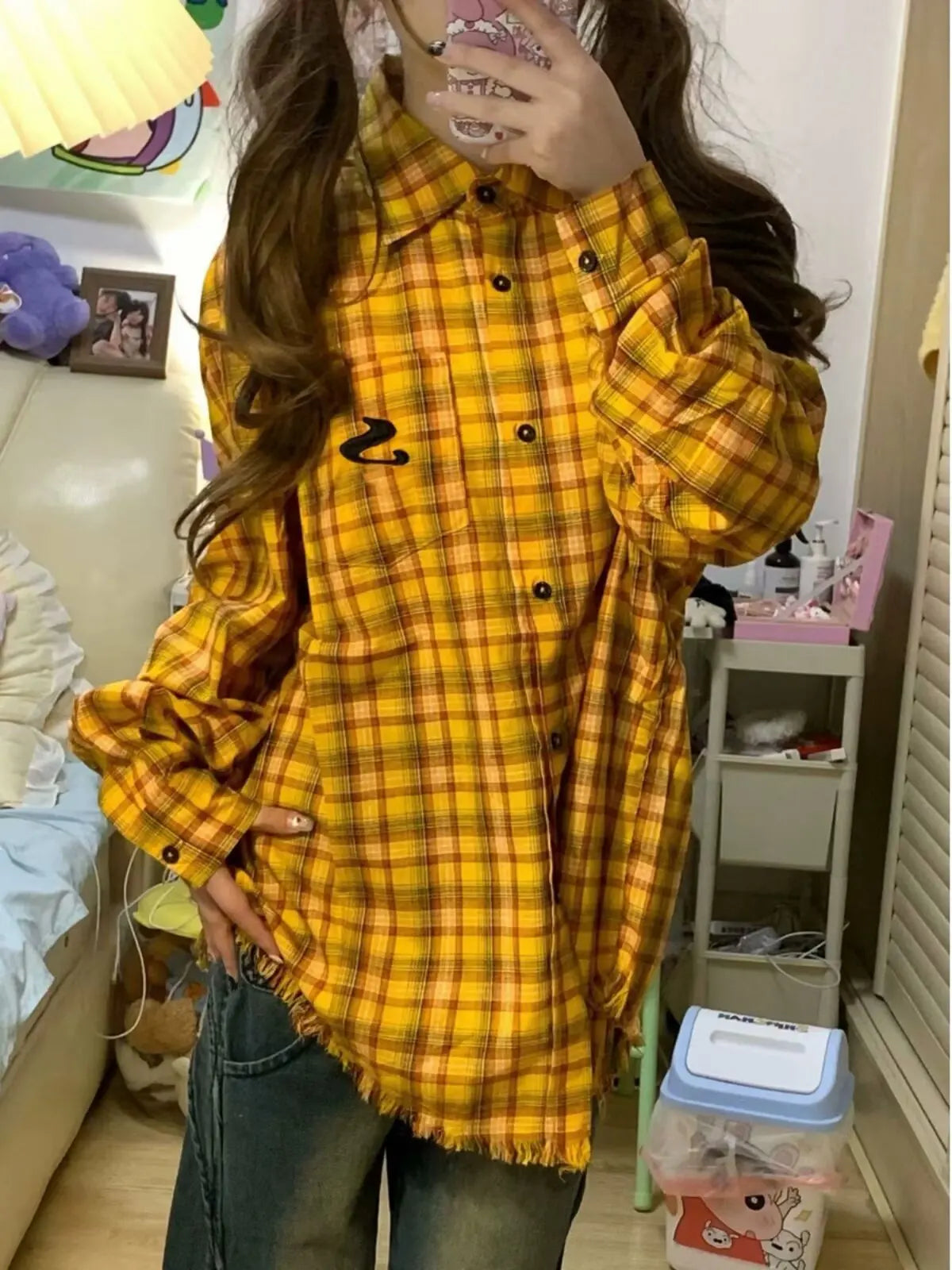 lovwvol Y2K Autumn/Winter Shirt Coat Yellow Plaid Pattern all Matching Simple Fashion Coat Slim Coat Women's Top Trend Millennial Coat