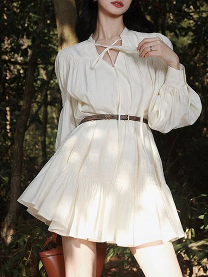 lovwvol White Short Dresses Women Summer Holiday Dresses Female Casual Lantern Sleeve Dress Ladies Vintage Elegant Chic Lace Up Vestidos