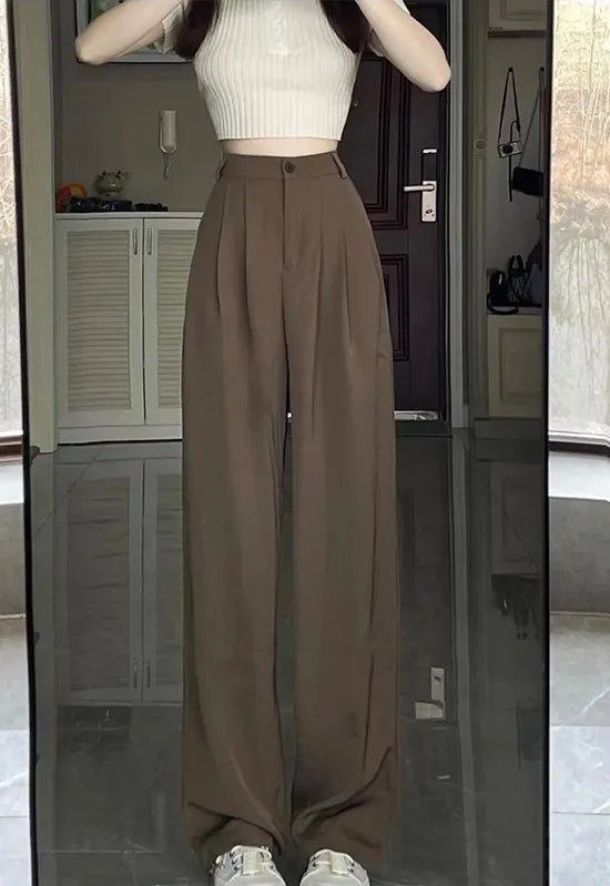 Coffee Colored Wide Leg Pants For Women's Spring And Autumn High Waisted Draped Straight Suit Pants Versatile