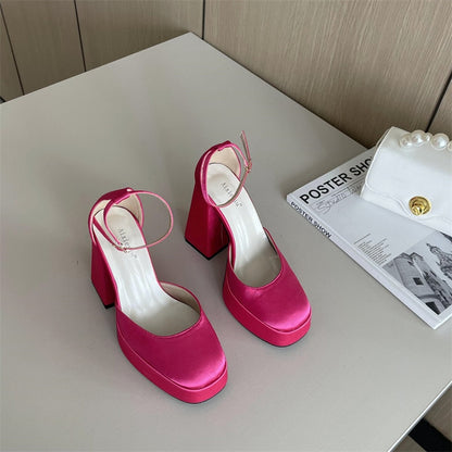 New Silk Wedding Party Women Pumps Sandals Punk Style Platform Buckle Strap Thick Square High Heels Shoes