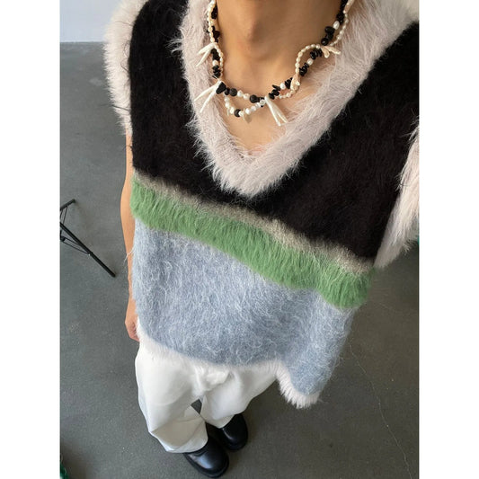 Women Color Block Vintage V-Neck Sweater Vest  Fall Winter Korean Fashion New in Knit Niche Design Spliced Loose Tops