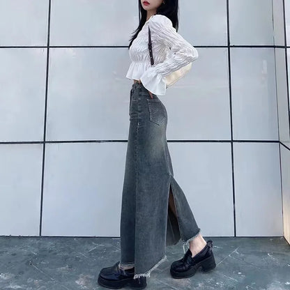 lovwvol  -  Autumn Retro Classic All-Match Skirt Women Casual Commuter Outing Tight Sexy Irregular Long Denim Vitality Skirt Girl Cool