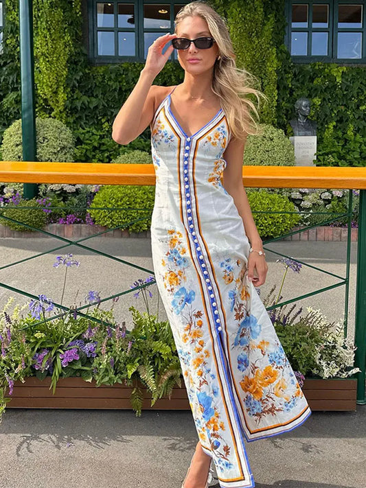 Casual Printed Hanging Neck Long Dress For Woman Summer Sleeveless Backless Female Maxi Dresses Vacation Beach Lady Robes