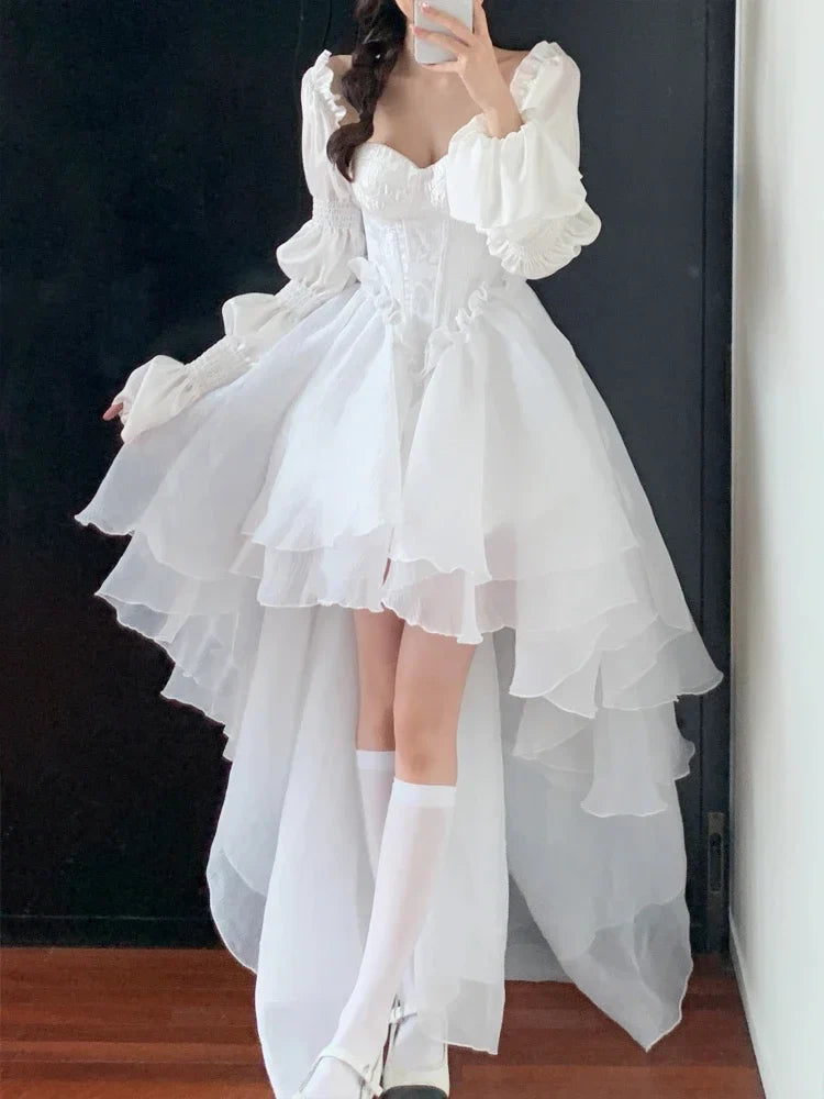 lovwvol Pure Color Fairy Midi Dress Women White Elegant Evening Party Dress Beach 2024 Spring Casual Long Sleeve Fashion Dress Korean