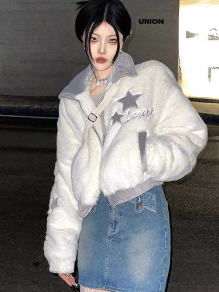 Harajuku Cropped Jacket Women Autumn Winter Vintage Zipper Fluffy Coat Y2k Aesthetic Star Embroidery Faux Fur Jackets