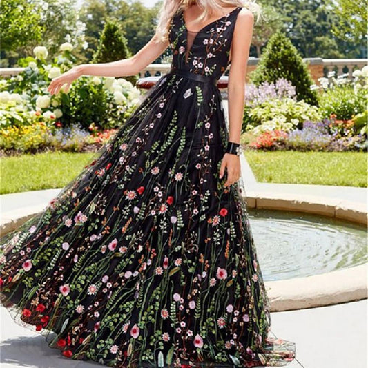 Backless Sexy Dress Women Sleeveless Deep-V Embroider Floral Print Party Maxi Dress