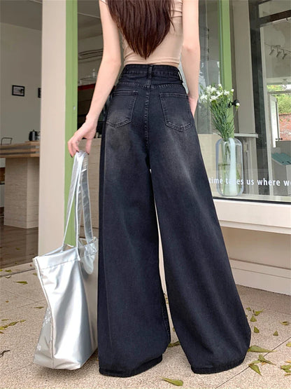 lovwvol Women's High Waisted Loose Wide Leg Pants Retro Black Jeans American Style Bottoms Casual Female Thin Denim Trousers 4XL