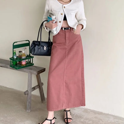 lovwvol  -  Korean Style Pink Denim Women Midi Skirt New Fashion Vintage High Waist Straight A-Line Pocket Jean Long Skirt Without Belt