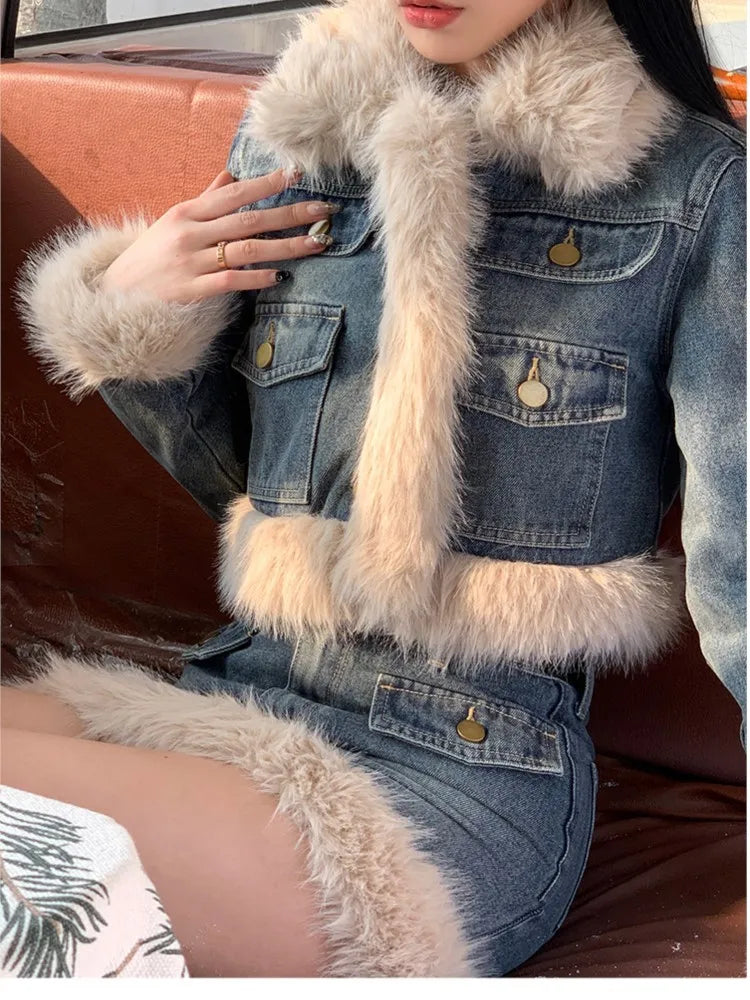 lovwvol Blue Denim Faux Fur Short Skirt Suit for Women Autumn Winter New Fashion 2-piece Set Fur Brim Style Jacket Tops+Mini Skirts