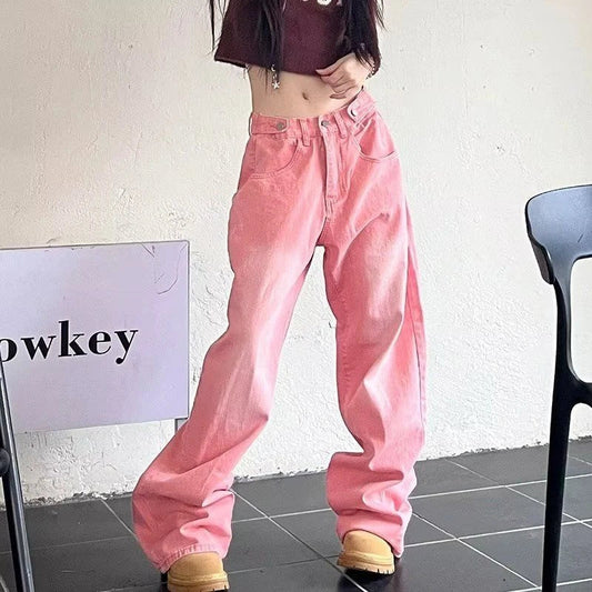 lovwvol Women's Button Design High Waisted Straight Jeans Cool Girl Wide-leg Denim Trousers Vintage Bottoms Female Do Old Gradient Pants