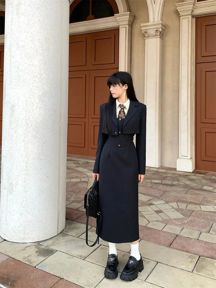 lovwvol British Style 3 Piece Dress Set Women Long Sleeve Sweet Coat + White Shirt + Long Slim Skirt Winter Elegant Casual Black Suit