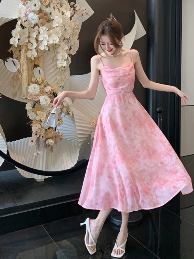 lovwvol Summer Party Midi Elegant Dress Women 2022 Strap Sexy Design High Wasit Vintage Casual Dress Sleeveless Chiffon Sweet Dress