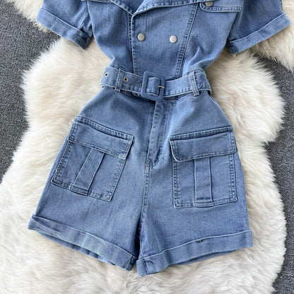 Guilantu Summer Vintage Denim Playsuits Women's Short Sleeve Bodycon Casual Shots Rompers Jumpsuit Jeans Overalls For Women