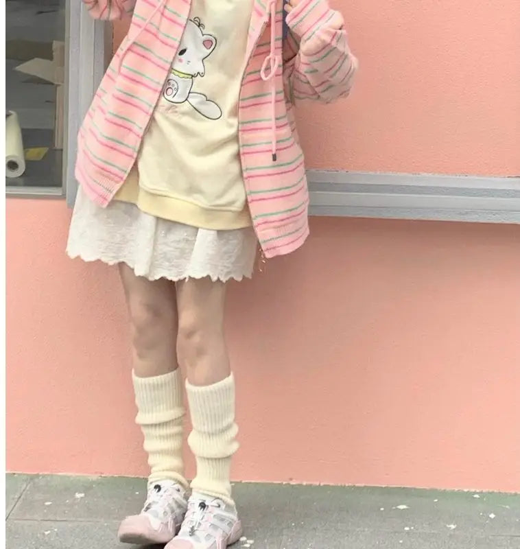 Kawaii Sweet Harajuku Knitted Cardigan Japanese Fashion Y2k Striped Cute Cartoon Embroidery Sweater Soft Gril  Chic