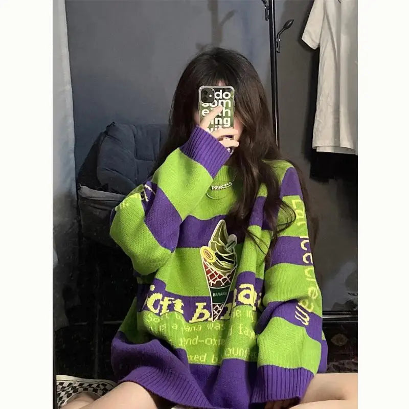 Vintage Green Striped Oversized Sweater Women Harajuku Retro Knitted Jumper Loose Casual All-match Top Y2K Clothes Goth