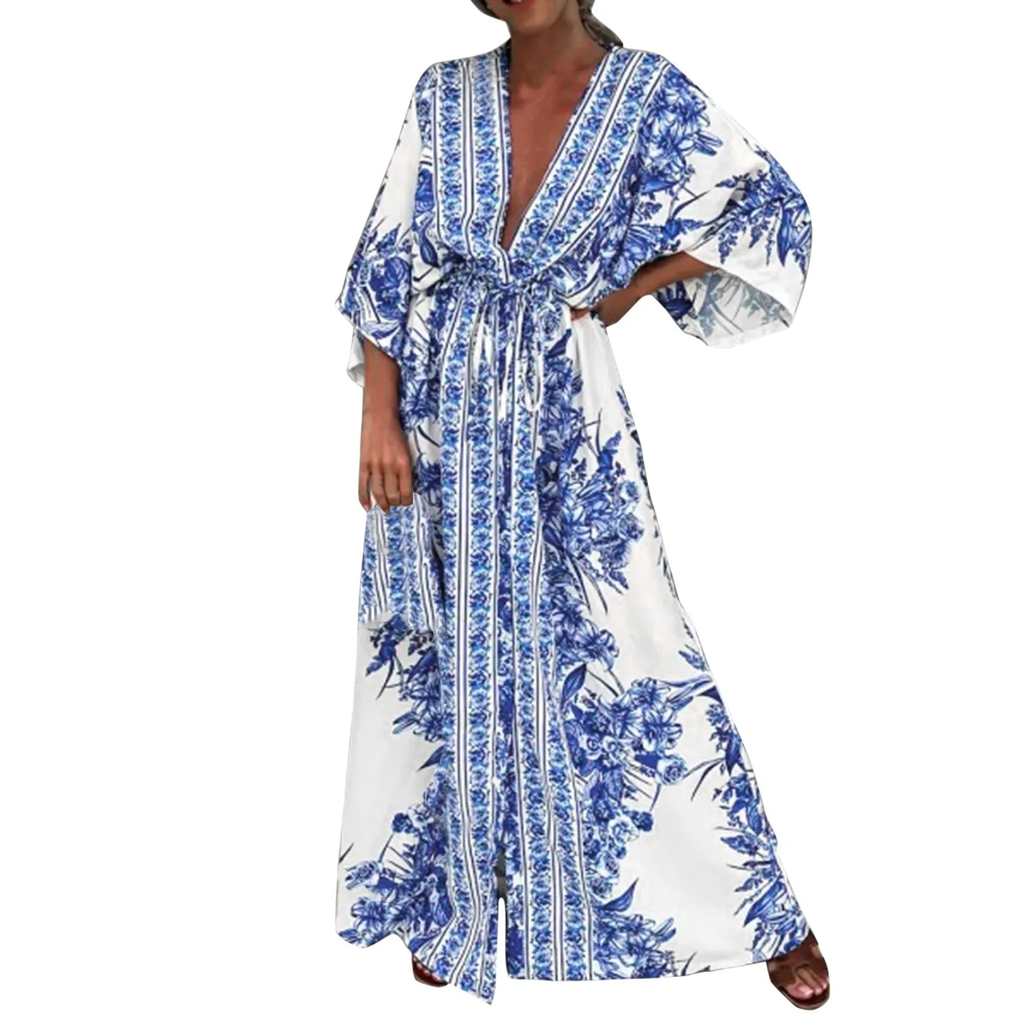 lovwvol V Neck Half Sleeve Long Dress Lace Up Vintage Printed Large Hem Dresses Womens Casual Summer Dress Loose Long Robe Vestidos