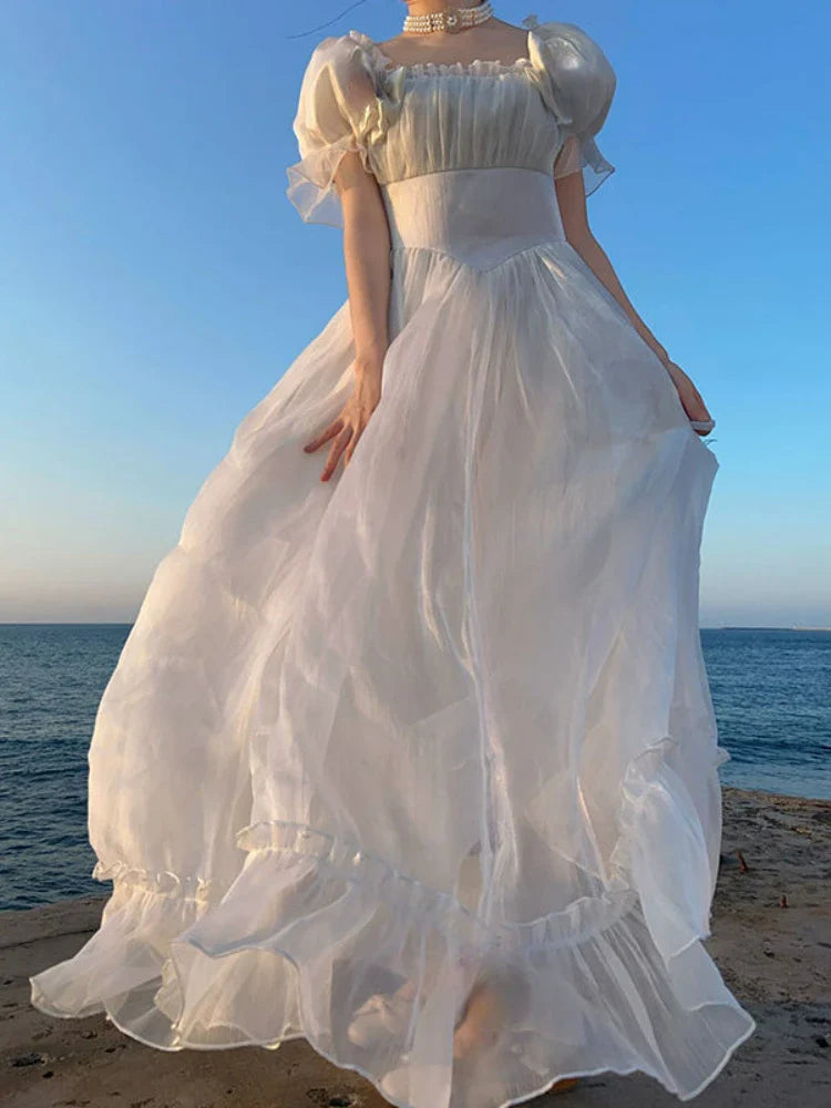 lovwvol French Elegant Princess White Dress Women Sexy Backless Sweet Vintage Lolita Dress Female 2024 Korean Casual Long Fairy Dresses