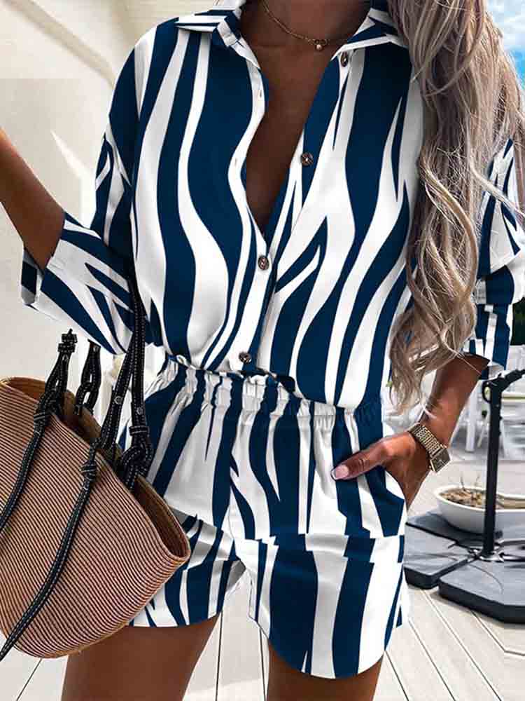 lovwvol New Elegant Print Two Piece Sets Women Summer Spring Turn-Down Collar Shirt Tops+ Shorts Woman Sets Casual Long Sleeve Shirts