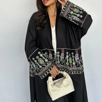 lovwvol Vintage Embroidered Printed Patchwork Women Jacket Elegant V-neck Long Sleeved Loose Cardigan 2024 Fall Office Robe Muslim Coat