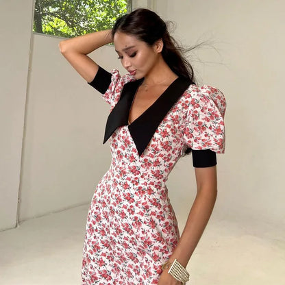 V-Neck Patchwork Printed Dress Summer For Women Short Sleeve Fashion High Waist Party Dress Contrast Ladies Maxi Dress