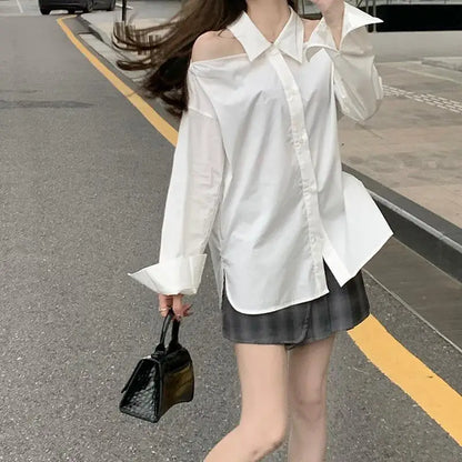 lovwvol Women Blouses White Off Shoulder Oversized Korean Fashion Sexy Chic Aesthetic Shirts Elegant Female Tops Streetwear